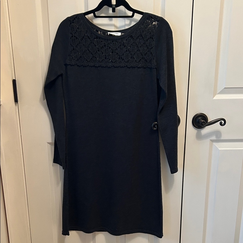Calvin Klein Charcoal Gray Long Sleeve Sweater Dress with Lace